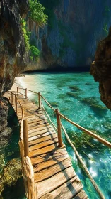 Wooden Boardwalk Descends Into Turquoise Lagoon Cove.