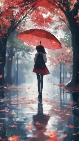 Girl under red umbrella on rainy tree-lined pathway.