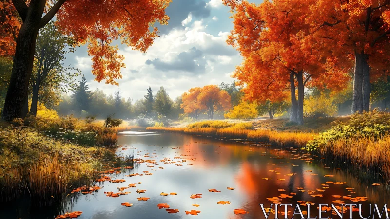 Golden autumn river gently reflecting fiery forest colors.