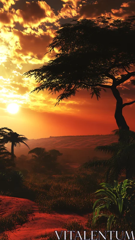 Glowing savanna sunset bathing quiet trees in gentle warmth.