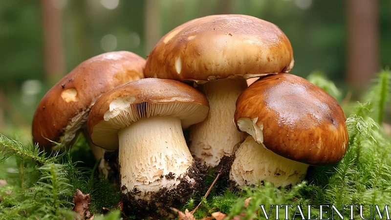 Forest banquet of glossy brown mushrooms in mossy quiet.