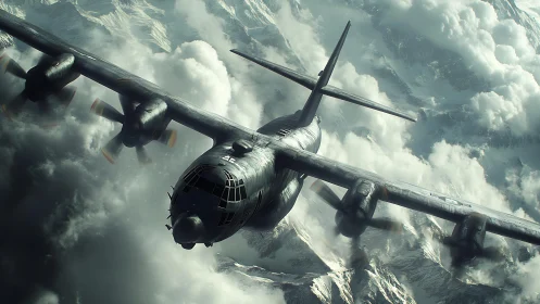 Military transport aircraft cutting through storm clouds.