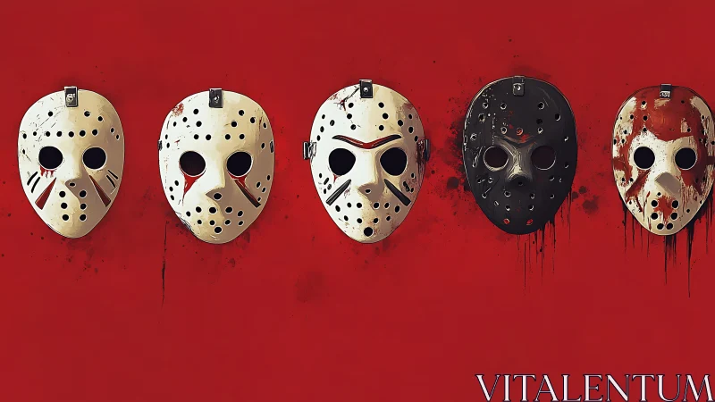 Row of worn hockey masks on bold red horror backdrop.