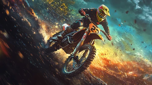 Motocross rider carves explosive dirt trail at sunset