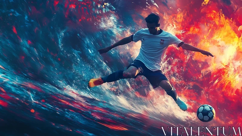 Dynamic soccer volley amid swirling fire and water storm.