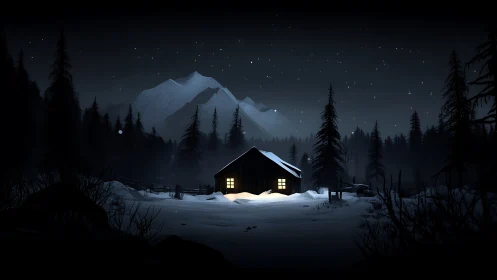 Snowy forest cabin glows warmly beneath a quiet starry sky