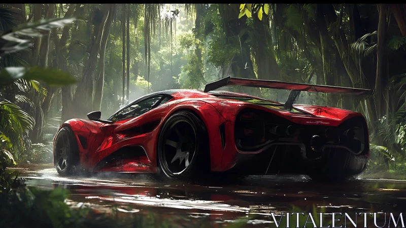 Red hypercar idles on wet jungle track under filtered light