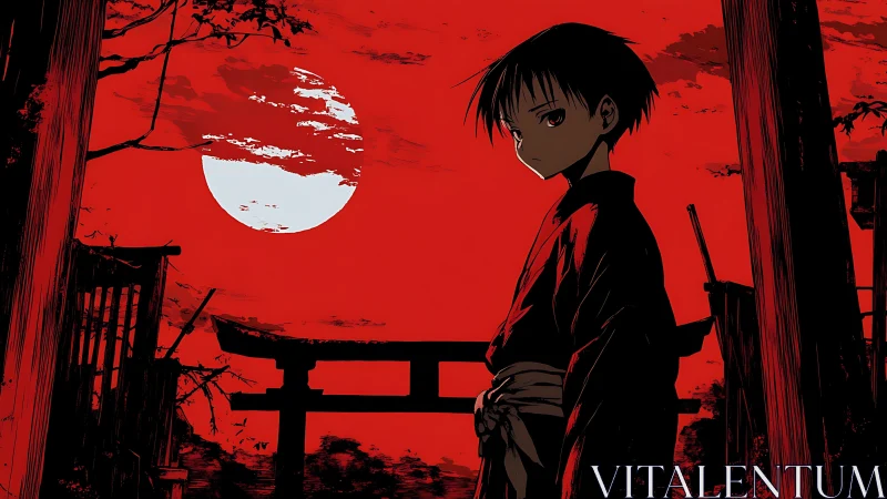 Solitary figure near torii gate under large red moon.