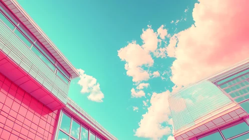 Pastel modern buildings meet surreal turquoise skyscape.