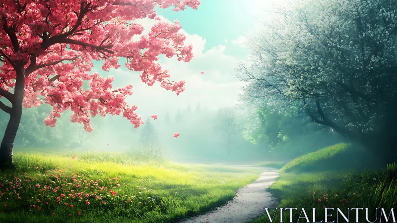 Bifurcated blossom corridor with volumetric spring atmosphere.