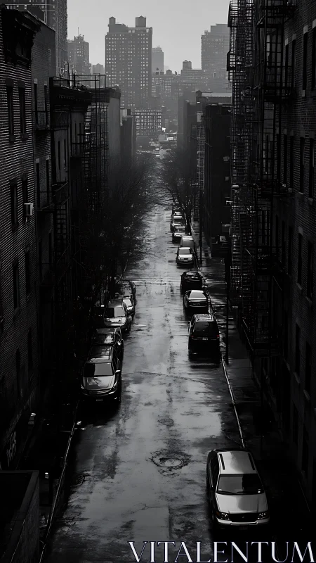 Rain soaked city backstreet with parked cars in shadow.