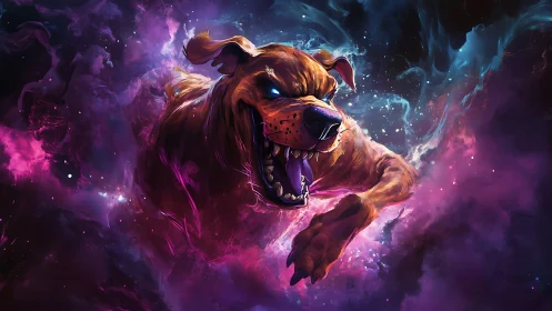 Cosmic predator hound in neon nebula, dynamic digital painting.