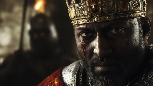 Battle-scarred king stares forward beneath heavy golden crown