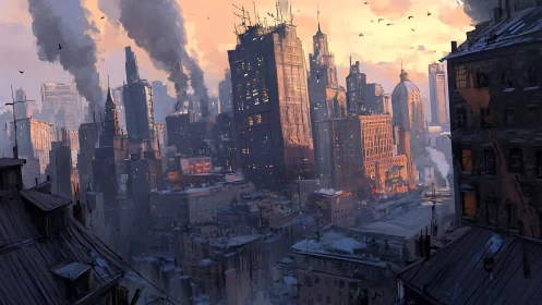 Digital painting of smoky winter industrial megacity skyline.