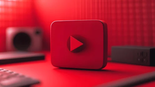 3D YouTube Play Button Icon in Modern Red Studio Setting.