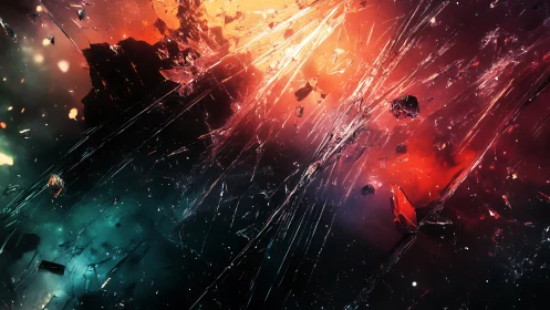 Fractured cosmic nebula with high-velocity glass-like debris vectors