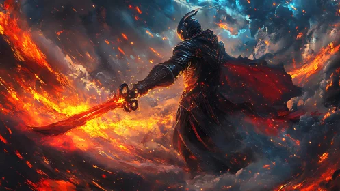 Armored warrior with flaming sword in storm of fire and ash.