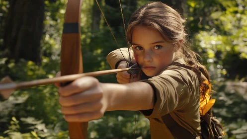 Youth archer in forest, dynamic shallow-depth targeting study.