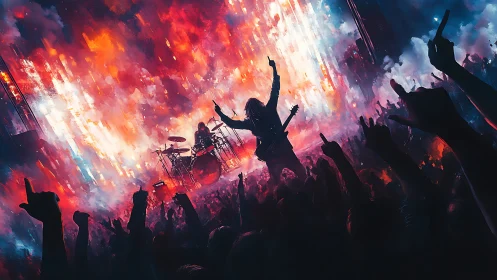 Digital painting of rock concert stage with pyrotechnic light wall