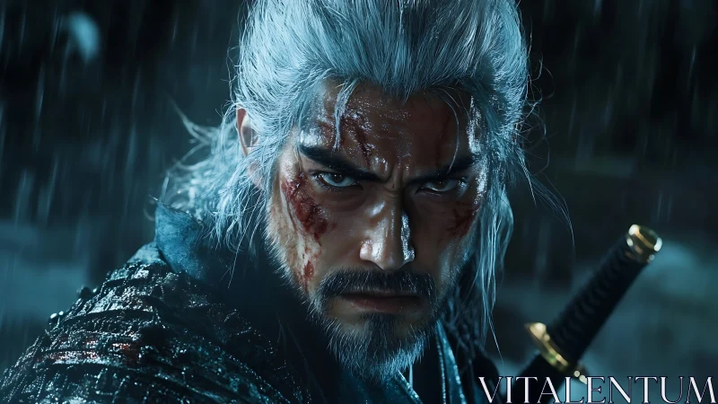 Stormlit warrior stares ahead with fierce, unwavering resolve