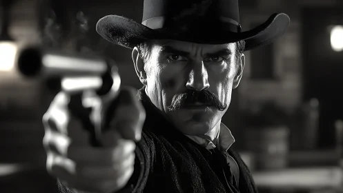 Mustached gunslinger stares down destiny in stark monochrome.
