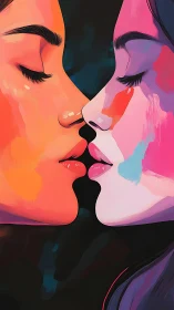 Chromatic almost-kiss between mirrored neon-soft faces.