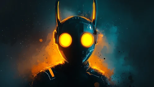 Neon-lit cybernetic helmet portrait with glowing optic lenses