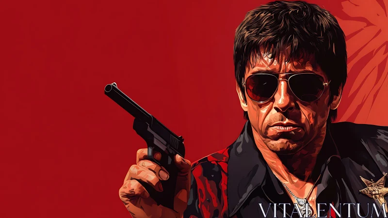 Tough man in sunglasses aiming pistol on red backdrop.