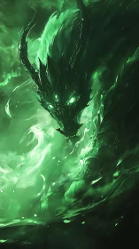 Emergent green spectral dragon in swirling luminous mist.