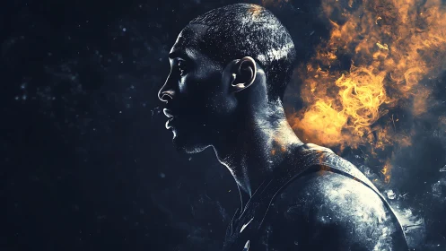 Flaming profile portrait of athlete in cinematic side lighting.