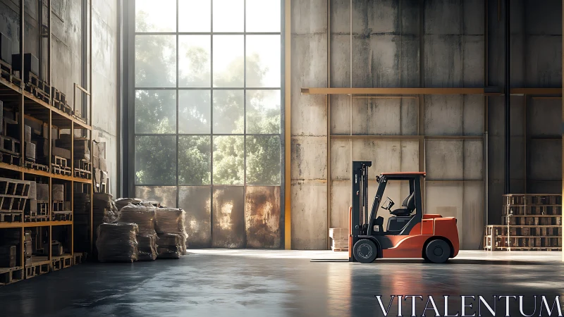 Red forklift stands in sunlit industrial warehouse interior