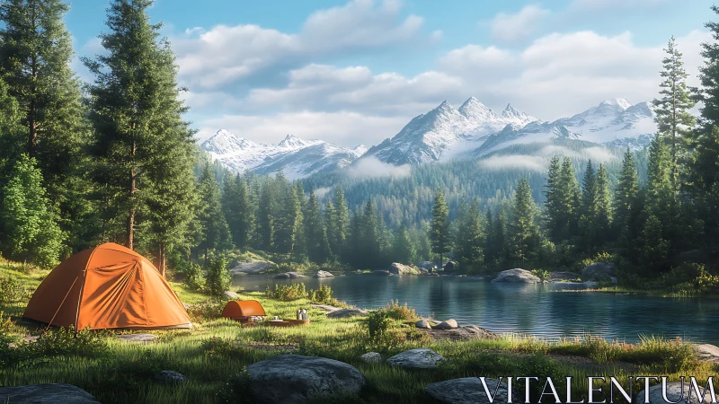 Morning camping joy beside a calm forest lake and peaks