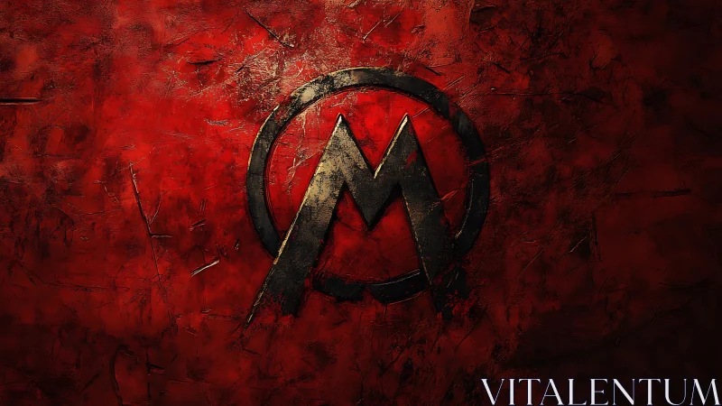 Textured red emblem logo with distressed metallic circle.