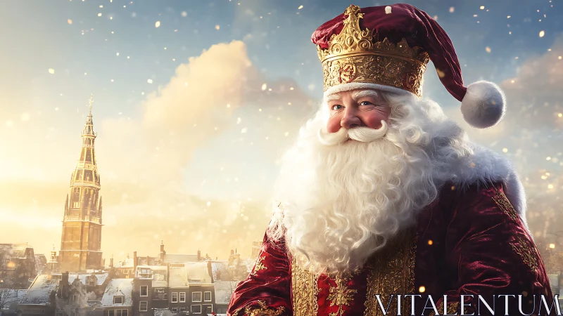 Regal Santa figure before snowy European town skyline.