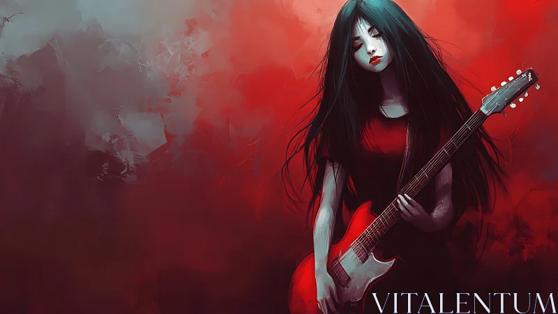 Melancholic guitarist rendered in high contrast red tonal abstraction