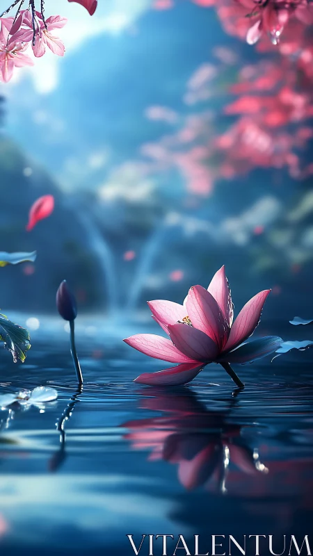 Pink lotus flower on reflective water with blurred falls.