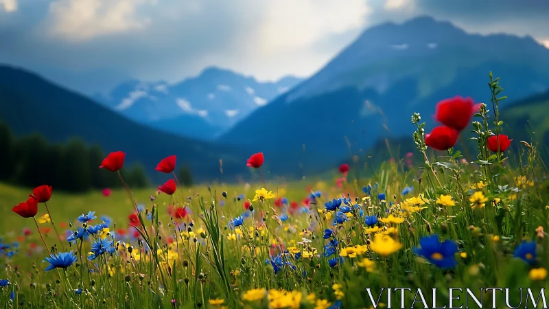 Wildflower meadow before distant alpine mountain range.