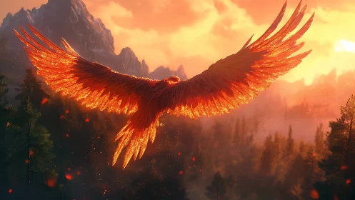 Majestic Fiery Phoenix Soaring Over Forest at Sunset, Fantasy Art.