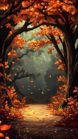 Autumn forest tunnel with luminescent pathway and falling foliage