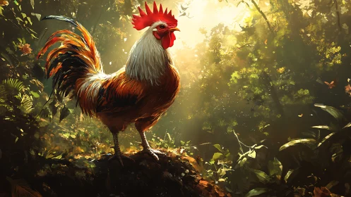 Red rooster standing on forest ground illuminated by golden light.