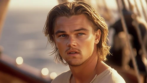 Sunlit sailor portrait on deck in cinematic close-up.