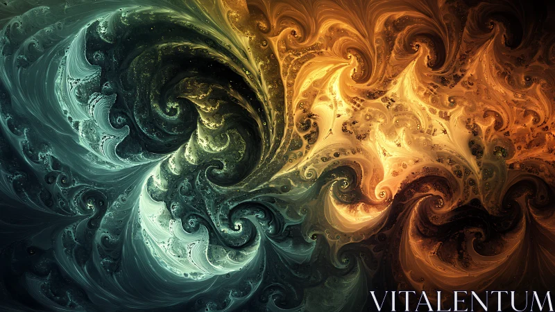 Fractal vortexes collide in teal and amber turbulent energy.