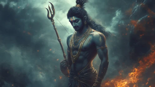 Mythic warrior rendered with volumetric smoke and rim-lit fire glow