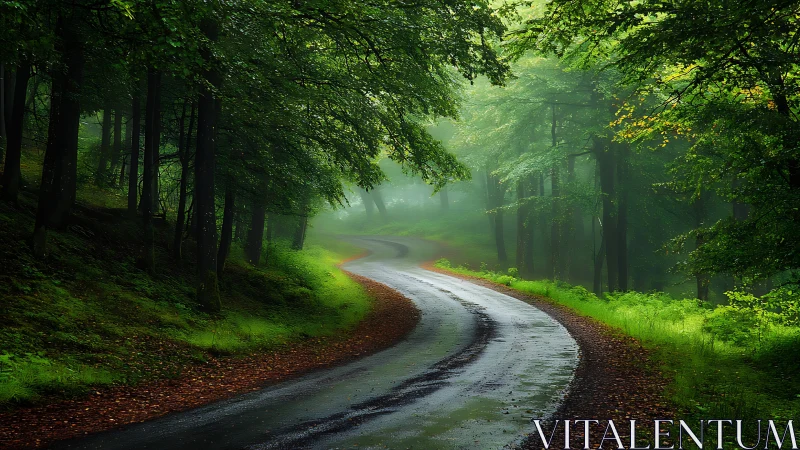 Winding Forest Path Through Misty Woodland.