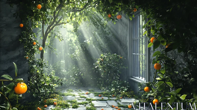 Sunlit stone courtyard with glowing tangerine orchard vines.