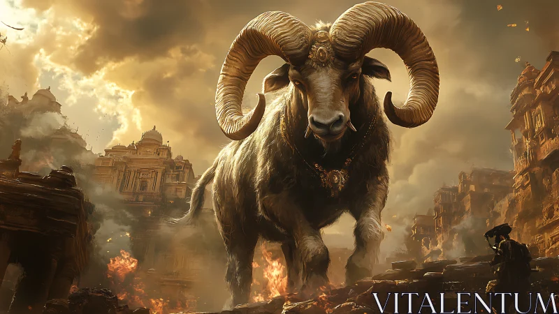 Colossal ram deity strides through burning ancient cityscape