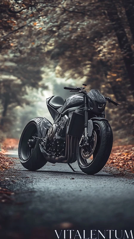 Sleek custom motorcycle waiting on a quiet forest road.
