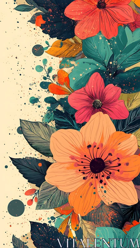 Botanical illustration merges layered floral composition with organic splatter technique