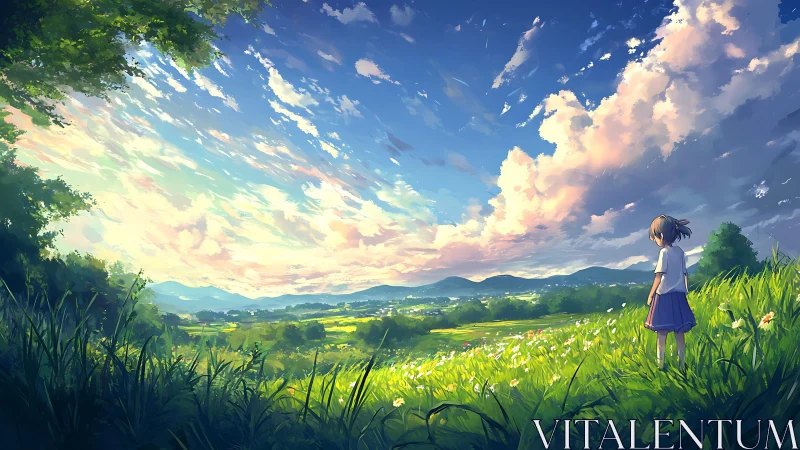 Girl standing in sunlit meadow under expansive sky landscape.