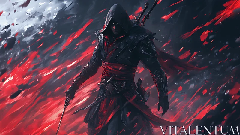 Hooded rogue warrior in swirling red and black storm.